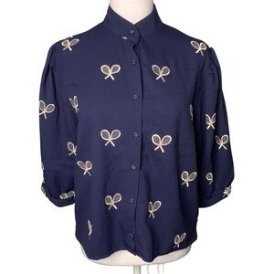 Pepa Loves Women’s Medium Navy with White Embroidered Tennis Rackets Blouse